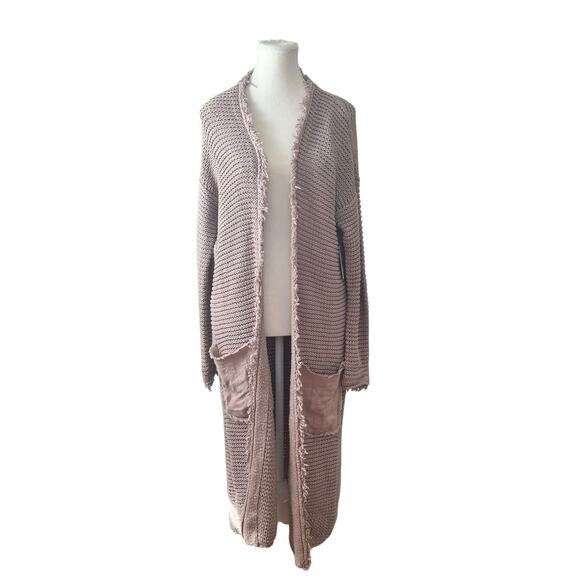 Free People Chunky Knit Cardigan Duster Sz M Mauve Fringe Boho Soft Girl NWT - Picture 1 of 9